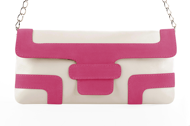 Off white and fuschia pink women's dress clutch, for weddings, ceremonies, cocktails and parties. Profile view - Florence KOOIJMAN